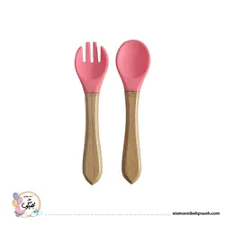 قاشق وچنگال سیلیکونی دسته چوبی کودک