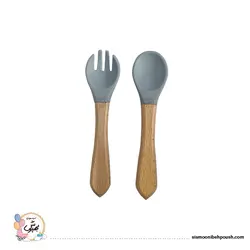 قاشق وچنگال سیلیکونی دسته چوبی کودک