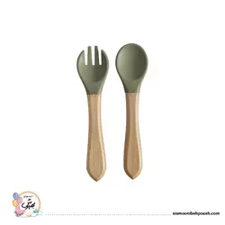 قاشق وچنگال سیلیکونی دسته چوبی کودک