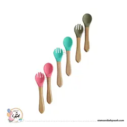 قاشق وچنگال سیلیکونی دسته چوبی کودک