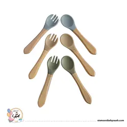 قاشق وچنگال سیلیکونی دسته چوبی کودک