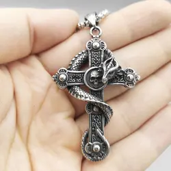 پلاک و گردنبند اسکلتی استیل طرح اژدها و صلیب کد Njd-663d12