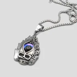 پلاک و گردنبند استیل اسکلتی طرح جمجمه و چشم بنفش مدل Fire Skull کد Njd-645d4