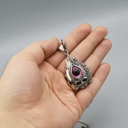 پلاک و گردنبند استیل اسکلتی طرح جمجمه و چشم بنفش مدل Fire Skull کد Njd-645d4