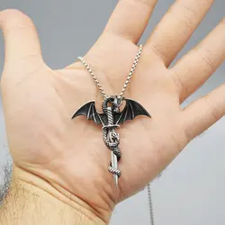 پلاک و گردنبند استیل مدل Dragon طرح اژدها و شمشیر بلند کد Njd-663d1