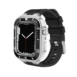 بند و گارد اپل واچ سری لاکچری Luxury Steel Metal Case Bezel Silicone Strap apple Watch 44/45 mm