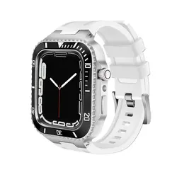 بند و گارد اپل واچ سری لاکچری Luxury Steel Metal Case Bezel Silicone Strap apple Watch 44/45 mm