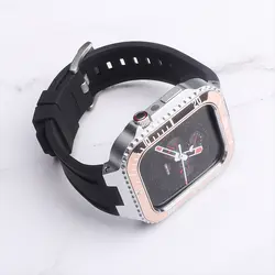 بند و گارد اپل واچ سری لاکچری Luxury Steel Metal Case Bezel Silicone Strap apple Watch 44/45 mm
