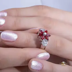 حلقه جواهر با برلیان های سفید و سونچیای قرمز کد 1600