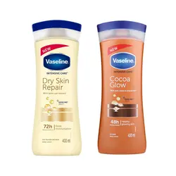 لوسیون بدن وازلین مدل DRY INTENSIVE CARE حجم ۴۰۰ میلی لیتر به همراه لوسیون بدن وازلین مدل Cocoa Glow حجم ۴۰۰ میلی لیتر