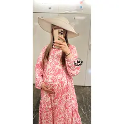 پیراهن نخی یقه دار بارداری شیردهی طرح آبرنگی