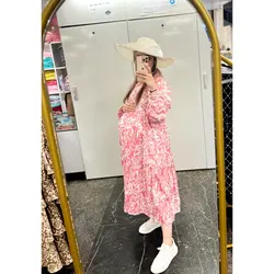 پیراهن نخی یقه دار بارداری شیردهی طرح آبرنگی