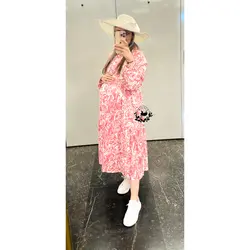 پیراهن نخی یقه دار بارداری شیردهی طرح آبرنگی