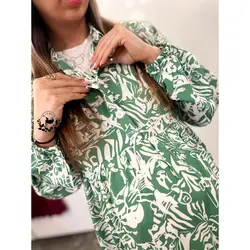 پیراهن نخی یقه دار بارداری شیردهی طرح آبرنگی