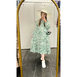 پیراهن نخی یقه دار بارداری شیردهی طرح آبرنگی