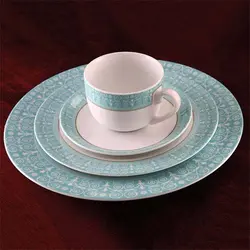 سرویس چینی 28 پارچه غذاخوری چینی زرین مدل سپید صدف فیروزه ای سری ایتالیااف