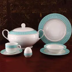 سرویس چینی 28 پارچه غذاخوری چینی زرین مدل سپید صدف فیروزه ای سری ایتالیااف