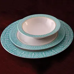 سرویس چینی 28 پارچه غذاخوری چینی زرین مدل سپید صدف فیروزه ای سری ایتالیااف