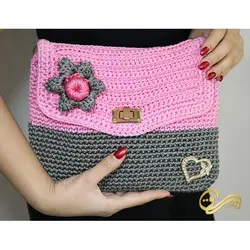 کیف دستی قلاب بافی گلدار صورتی
