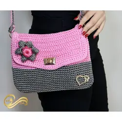 کیف دستی قلاب بافی گلدار صورتی