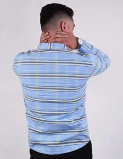 پيراهن آستين بلند چهارخانه درشت دوخت سه نخ آبي | پیراهن جذاب آبی روشن چهارخانه