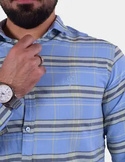 پيراهن آستين بلند چهارخانه درشت دوخت سه نخ آبي | پیراهن جذاب آبی روشن چهارخانه