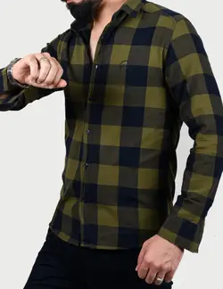 پيراهن آستين بلند چهارخانه شطرنجي درشت سبز