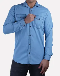 پیراهن جین کاغذی دو جیب قواره دار آبی روشن