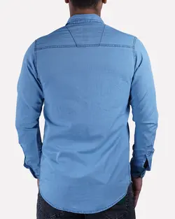 پیراهن جین کاغذی دو جیب قواره دار آبی روشن