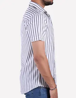 پیراهن مردانه آستین کوتاه راه راه یقه دو رنگ سفید