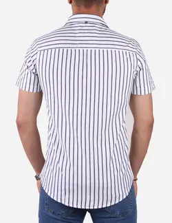 پیراهن مردانه آستین کوتاه راه راه یقه دو رنگ سفید