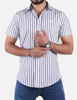 پیراهن مردانه آستین کوتاه راه راه یقه دو رنگ سفید