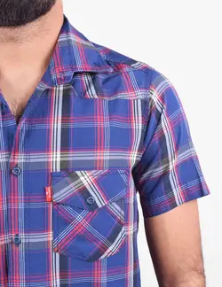 پيراهن مردانه چهارخانه آستين کوتاه دو جيب سرمه اي
