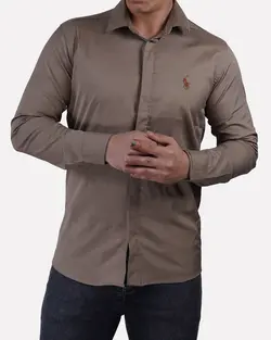 پیراهن پامبوک ساده دکمه مخفی زیتونی تیره