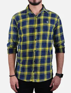 پيراهن چهارخانه سنگ شور آستين بلند دوجيب سرمه اي زرد