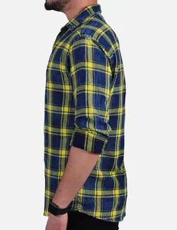 پيراهن چهارخانه سنگ شور آستين بلند دوجيب سرمه اي زرد