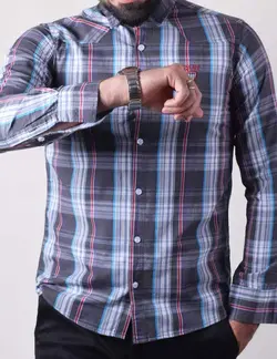 پيراهن مردانه آستين بلند چهارخانه کارور جلو برش دار طوسی