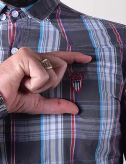 پيراهن مردانه آستين بلند چهارخانه کارور جلو برش دار طوسی