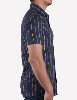 پيراهن مردانه آستين کوتاه ابر و بادي راه راه سرمه اي زرد