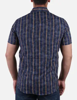 پيراهن مردانه آستين کوتاه ابر و بادي راه راه سرمه اي زرد