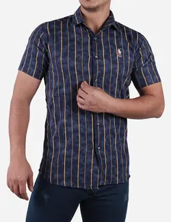 پيراهن مردانه آستين کوتاه ابر و بادي راه راه سرمه اي زرد