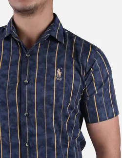 پيراهن مردانه آستين کوتاه ابر و بادي راه راه سرمه اي زرد