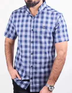 پيراهن مردانه آستين کوتاه چهارخانه شطرنجي قواره دار آبی طوسی