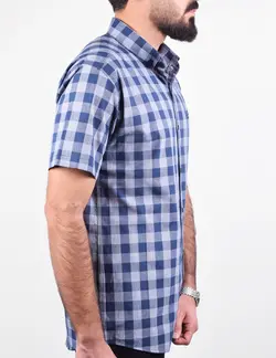 پيراهن مردانه آستين کوتاه چهارخانه شطرنجي قواره دار آبی طوسی