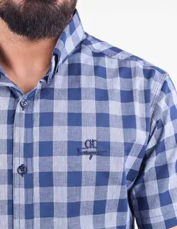 پيراهن مردانه آستين کوتاه چهارخانه شطرنجي قواره دار آبی طوسی