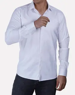 پیراهن پامبوک ساده دکمه مخفی سفید