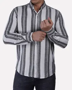 پیراهن کنفی آستین بلند راه راه درشت سفید دودی