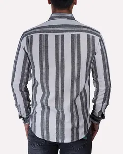 پیراهن کنفی آستین بلند راه راه درشت سفید دودی