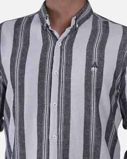 پیراهن کنفی آستین بلند راه راه درشت سفید دودی