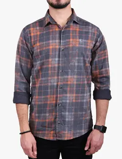 پيراهن چهارخانه آستين بلند تنسل چاپي نخی طوسي نارنجي